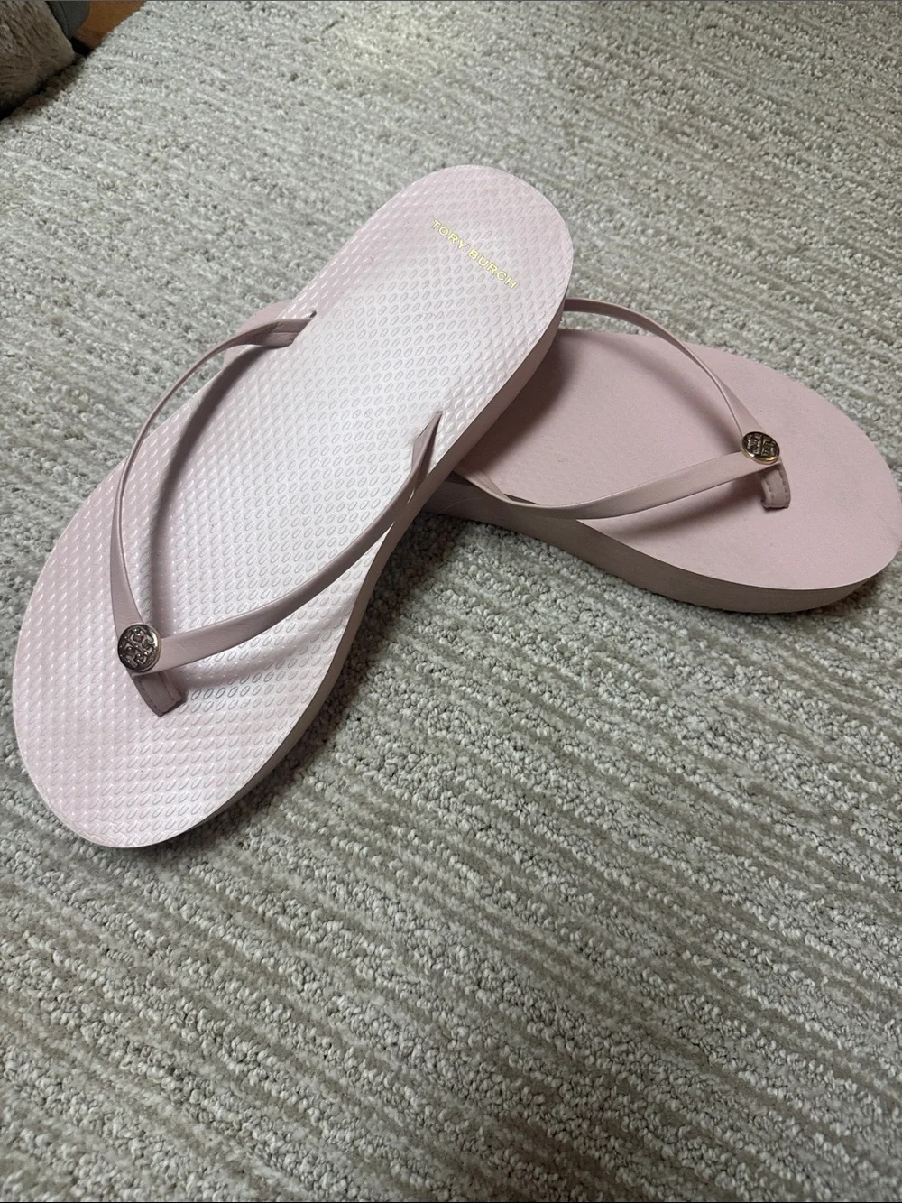 Tory Burch Pale Pink Gold Logo 1” heel Flip Flops